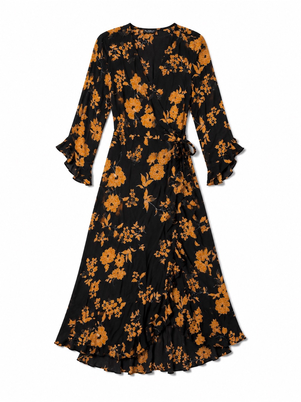 Miss Selfridge Black and Mustard Floral Wrap Midi Dress Size 8 - Picture 4 of 5